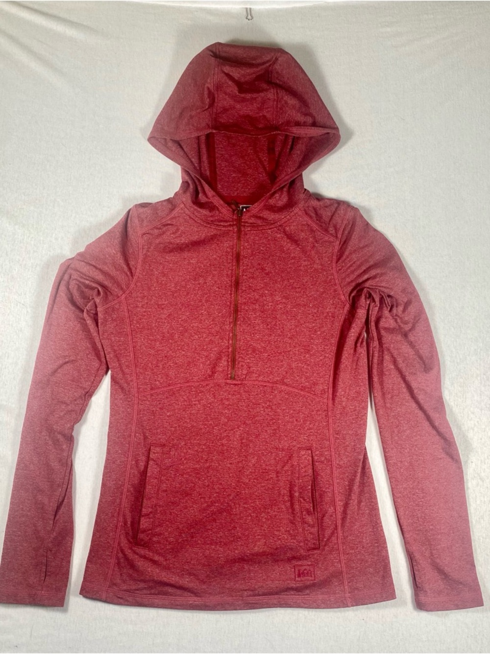 REI Women’s XS Red Heathered Half-Zip Hoodie Pullover Pockets thumb hole cuffs